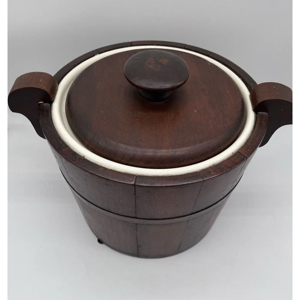 Antique Primitive Porcelain Lined Biscuit/Tobacco Jar/Ice Bucket Wooden Barrel